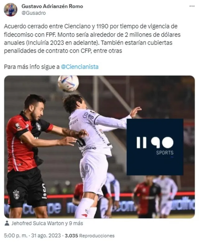 Cienciano tiene acuerdo con 1190 Sports
