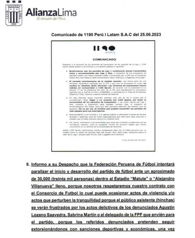 Alianza Lima envió comunicado a Junta de Fiscales Supremos.