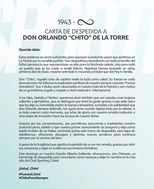 Carta de Sporting Cristal Carta de Sporting Cristal