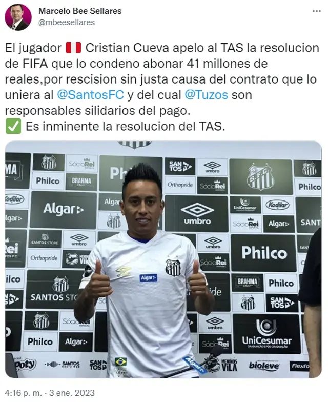 Cueva fue hasta el TAS por el caso de Santos FC.