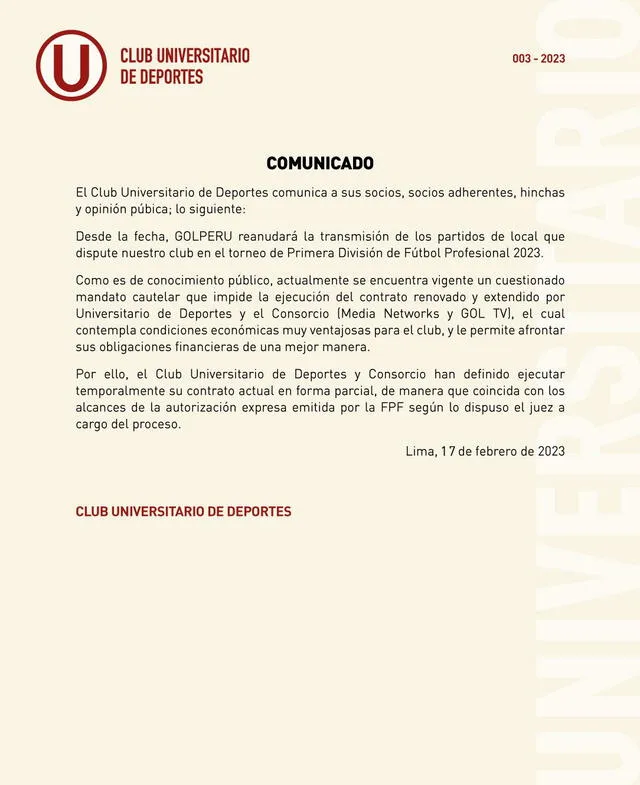 Comunicado de Universitario.