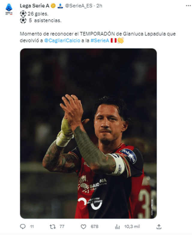  Serie A destacó por todo lo alto a Gianluca Lapadula tras ascenso de Cagliari.