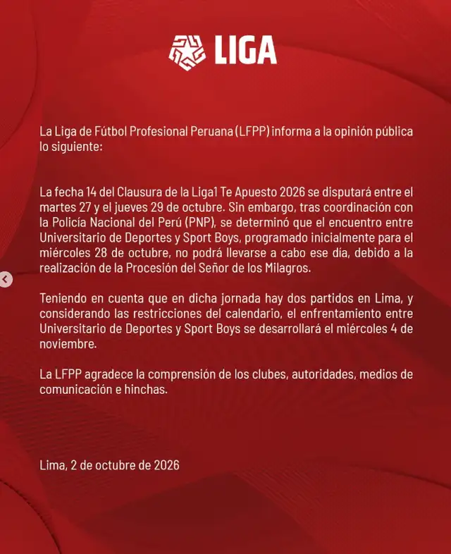La Liga 1 reprogramó el Universitario vs Sport Boys por el Torneo Clausura 2026