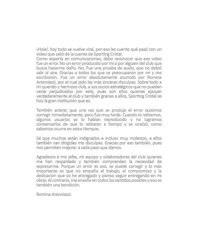 Comunicado de Romina Antoniazzi.