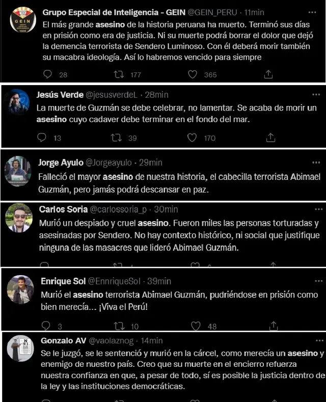 Asesino se vuelve tendencia en Twitter tras muerte de Abimael Guzmán
