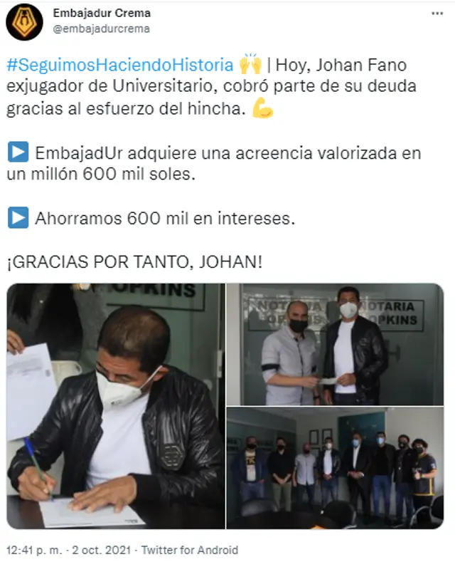 Embajadur tiene acreencias de Johan Fano.