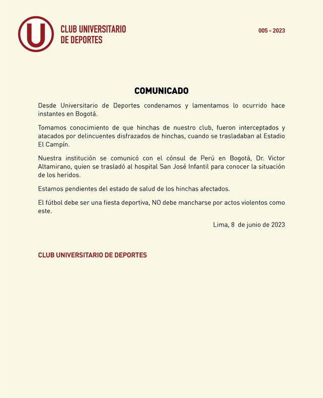 Comunicado de Universitario.