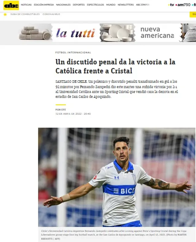 abc de Paraguay sobre la polémica victoria de la U. Católica sobre Cristal.