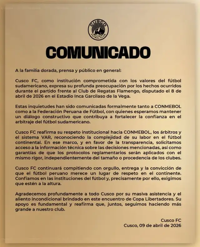 Comunicado oficial del cuadro cusqueño.