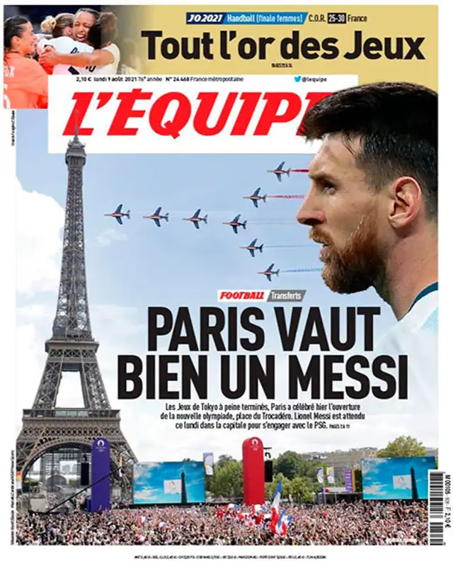 Portada L'Equipe de este lunes 9 de agosto sobre Lionel Messi   