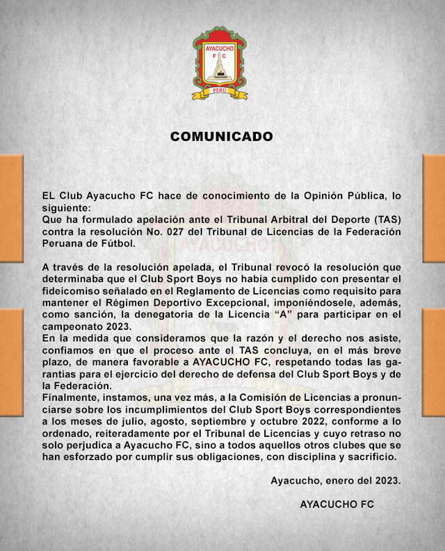 Ayacucho FC acudió al TAS.
