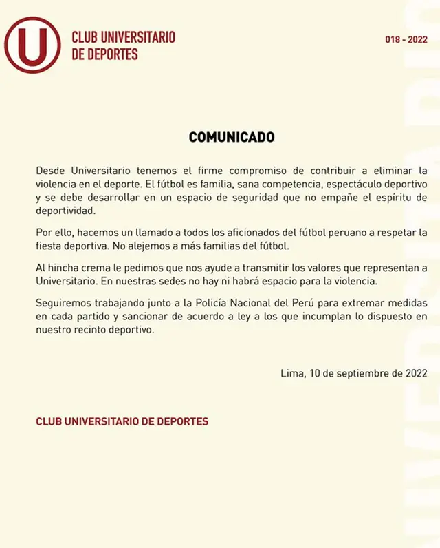 Comunicado de Universitario. Comunicado de Universitario.