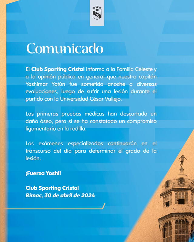 Comunicado de Sporting Cristal sobre Yoshimar Yotún.   