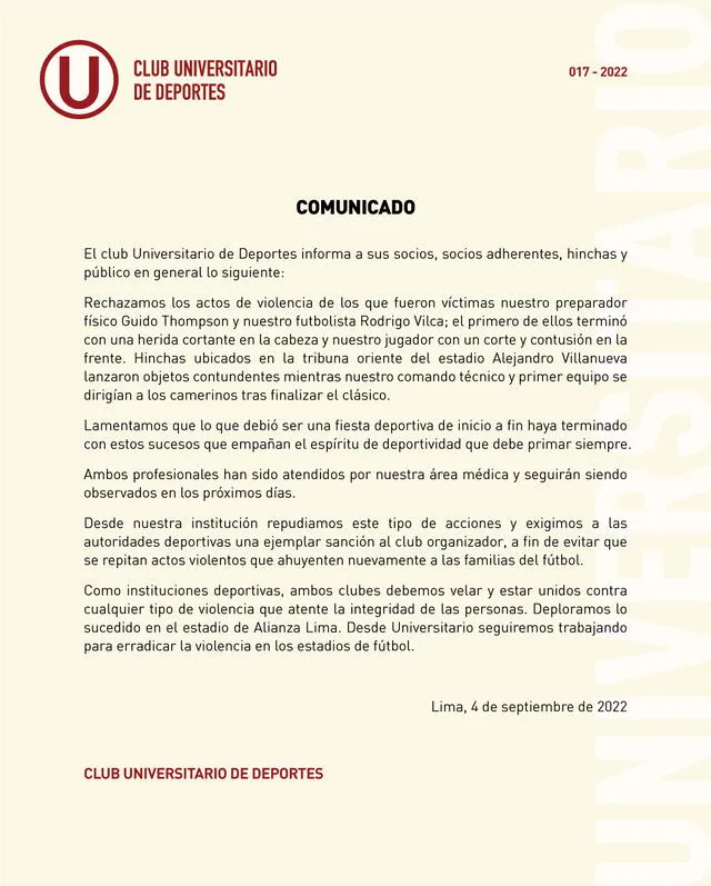 Comunicado oficial de Universitario. Comunicado oficial de Universitario.