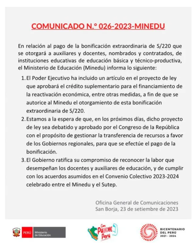 Pronunciamiento del Minedu
