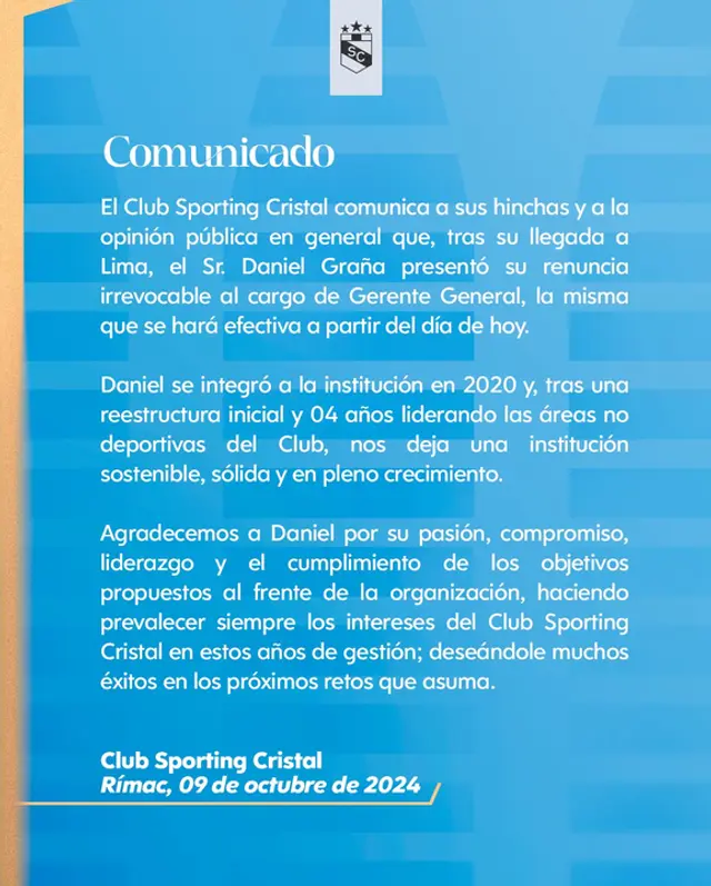 Daniel Graña ya no es más gerente de Sporting Cristal.   