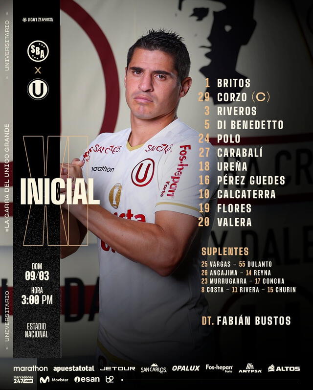 Alineación de Universitario vs. Sport Boys.   