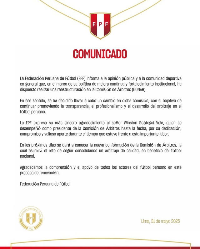 La FPF anunció la salida de Winston Reategui La FPF anunció la salida de Winston Reategui