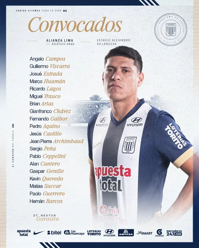 Alianza Lima anunció su lista de convocados con Jesús Castillo de portada.   
