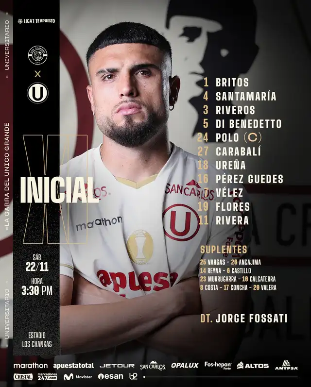 Alineación de Universitario vs. Chankas.   
