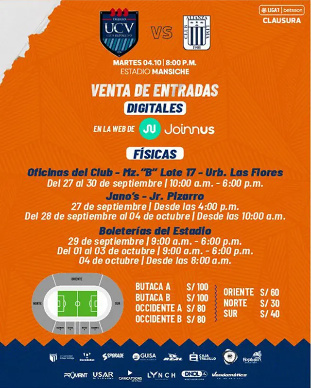 Precio de entradas para el César Vallejo vs Alianza Lima.   
