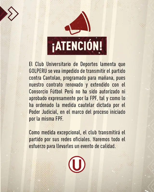 GolPerú no transmitirá el partido entre Universitario vs. Cantolao.