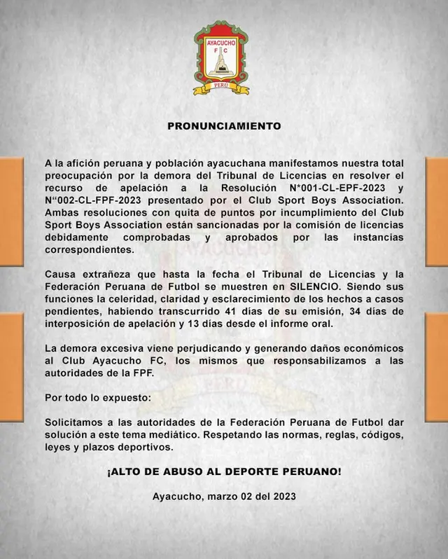  Ayacucho FC emitió comunicado reclamándole a la FPF. Foto: Ayacucho FC   