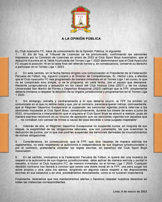 Comunicado de Ayacucho FC sobre resta de puntos de Sport Boys.