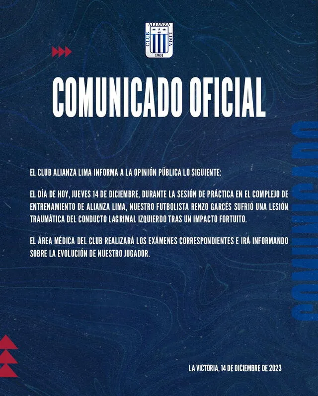 Alianza Lima comunicó lesión de Renzo Garcés