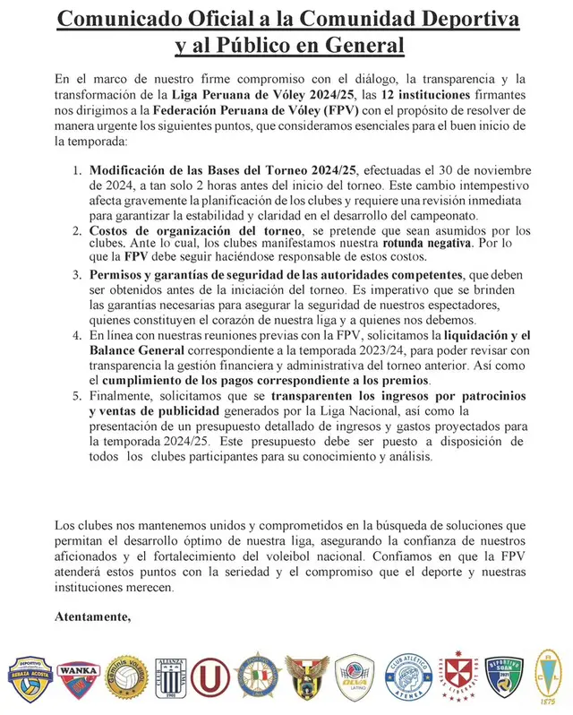 Comunicado en la Liga de Vóley. Comunicado en la Liga de Vóley.