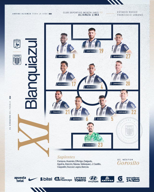 Alineación de Alianza Lima vs. Deportivo Morón.   