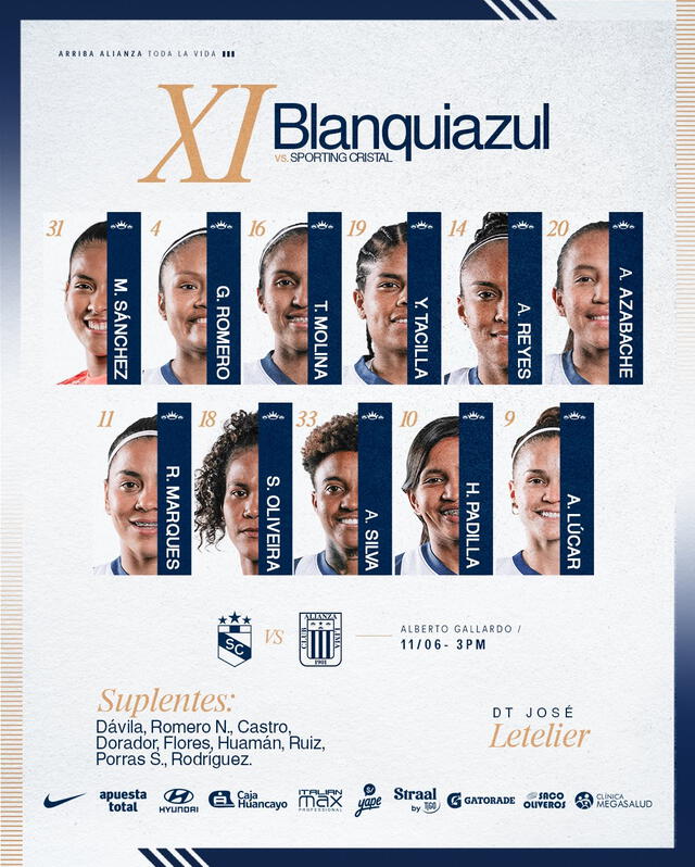 Alineación de Alianza Lima vs. Sporting Cristal femenino.   