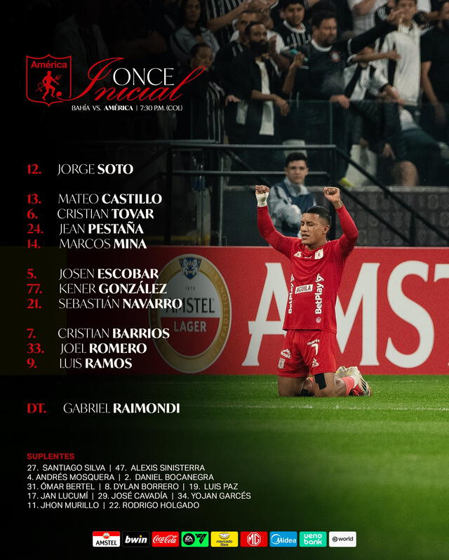 Alineación de América de Cali vs. Bahía. Alineación de América de Cali vs. Bahía.