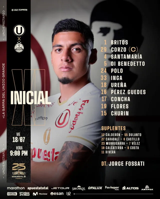 Alineación de Universitario vs. Comerciantes Unidos.   