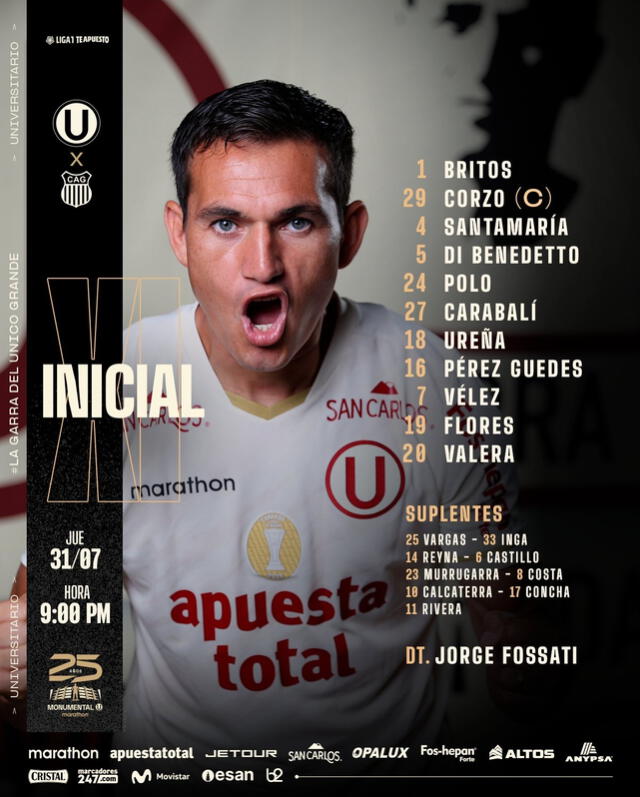 Alineación de Universitario vs. Atlético Grau.   