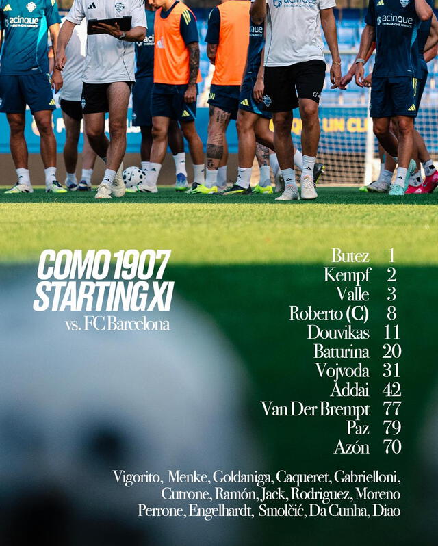 Alineación de Como vs. Barcelona.   