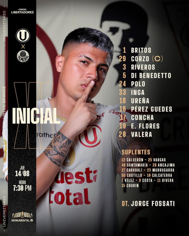 Alineación de Universitario vs. Palmeiras.   