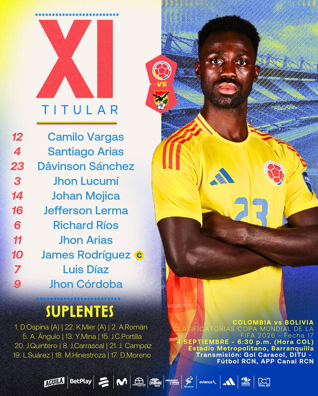 Alineación de Colombia vs. Bolivia.   