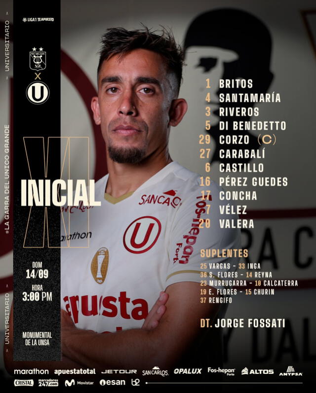 Alineación de Universitario vs. Melgar.   