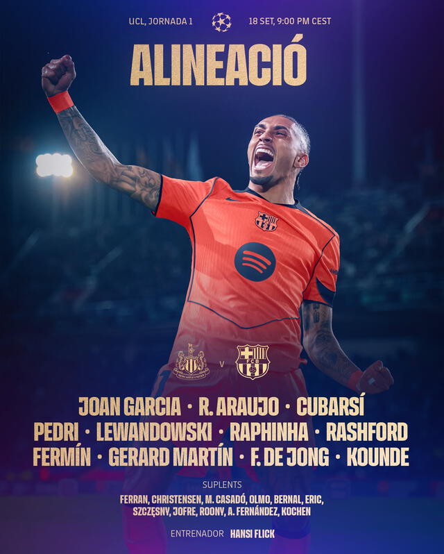 Alineación de Barcelona vs. Newcastle.   