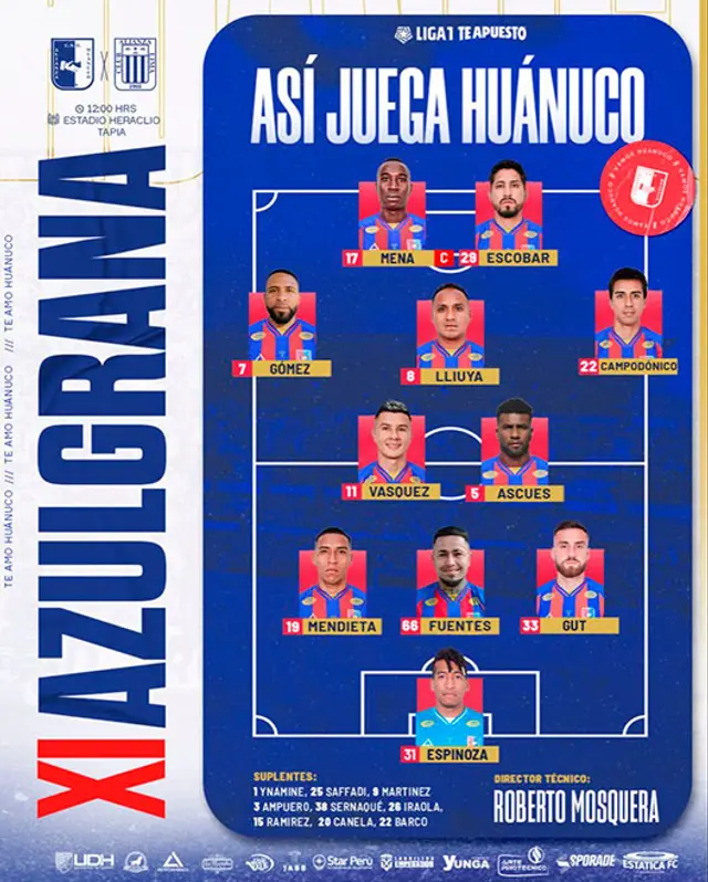 Alineación de Alianza Universidad vs. Alianza Lima.    Alineación de Alianza Universidad vs. Alianza Lima.