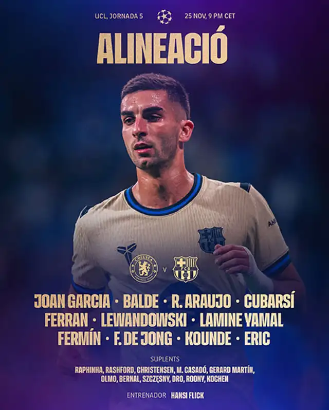Alineación de Barcelona vs. Chelsea.   