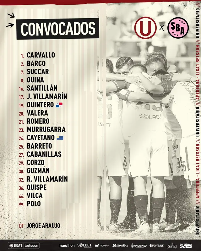 Lista de convocados de la 'U' para chocar con Sport Boys. 