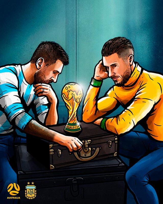 Lionel Messi y Mathew Leckie como parte de una postal de Australia.   