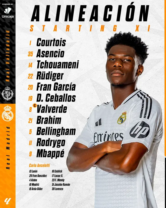 Alineación de Real Madrid vs. Valladolid.   