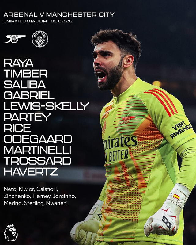 Alineación de Arsenal vs. Manchester City.   