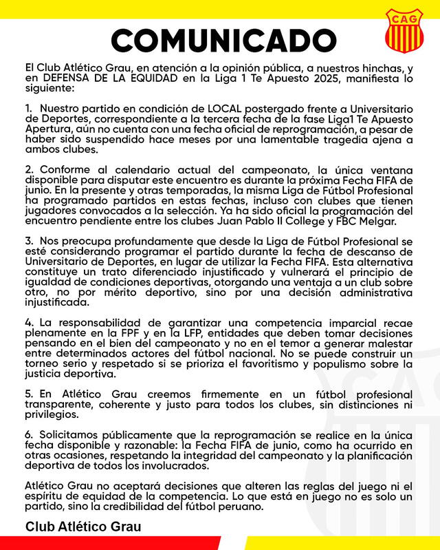 Comunicado Atlético Grau