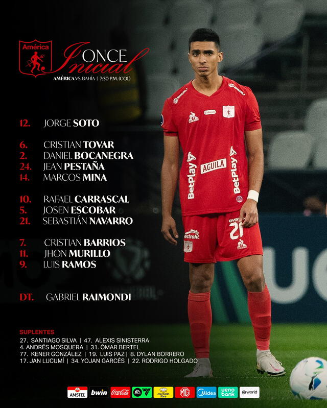 Alineación de América de Cali vs. Bahía.   