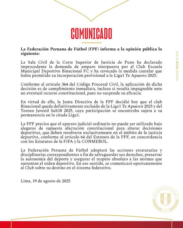 Comunicado de la FPF sobre Binacional  