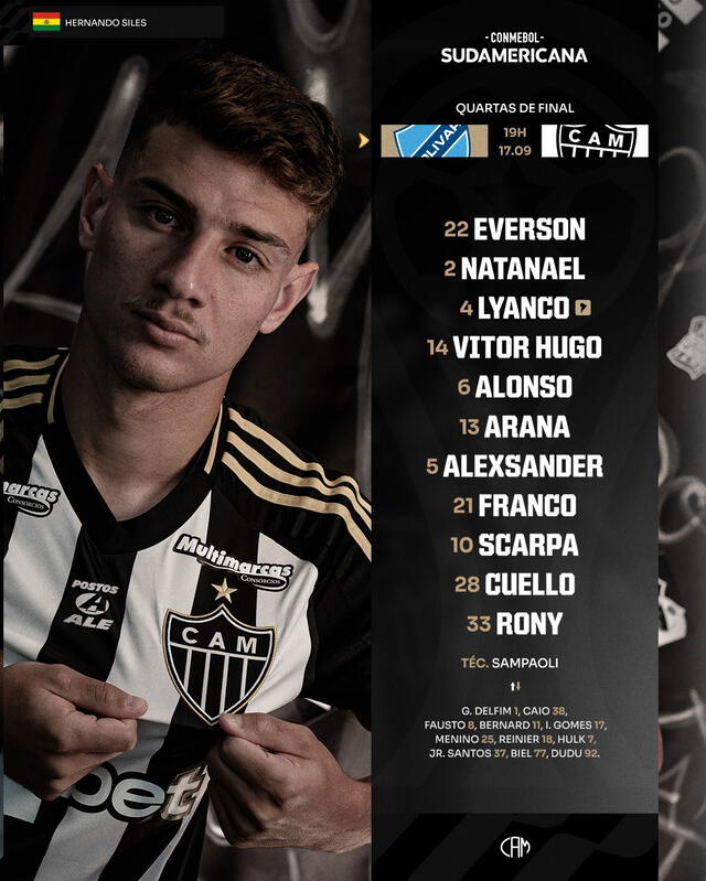 Alineación de Atlético Mineiro vs. Bolívar.   